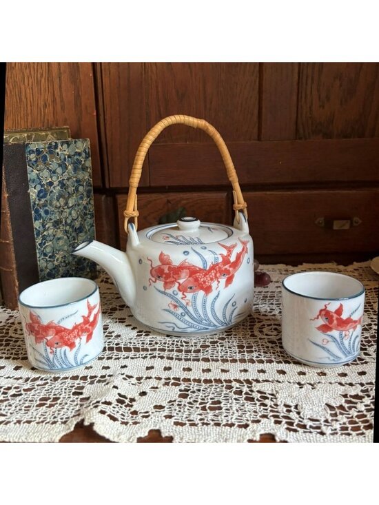World Market Other - Vintage Koi Fish Teapot Set Teapot and 2 Cups with Bamboo Handle Asian Decor Wor